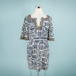 Trina Turk Size 12 Blue Bead Sequin Print V Neck Short Sleeve Cotton Mini Dress